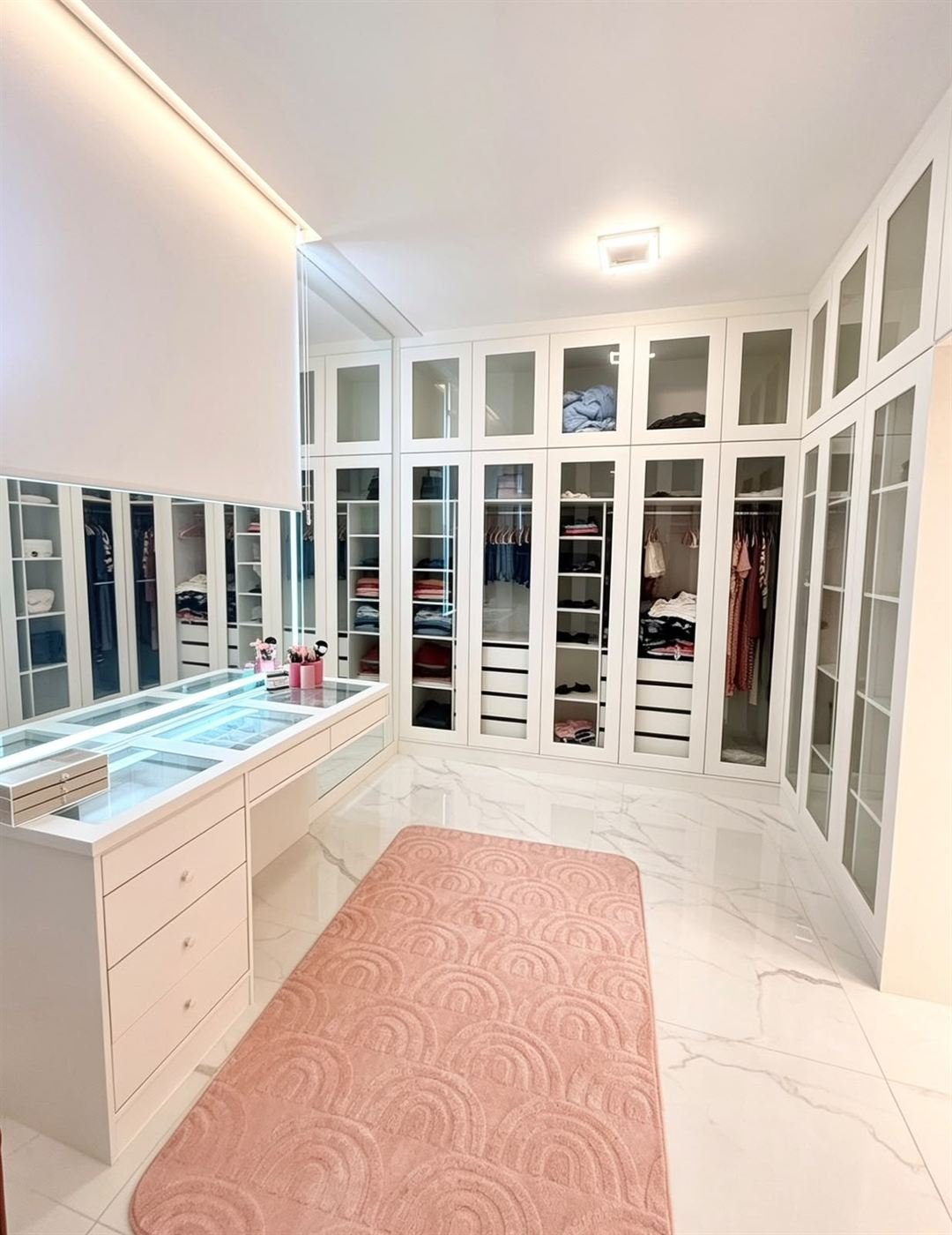 Closet com penteadeira de tampo iluminado e gaveteiro
