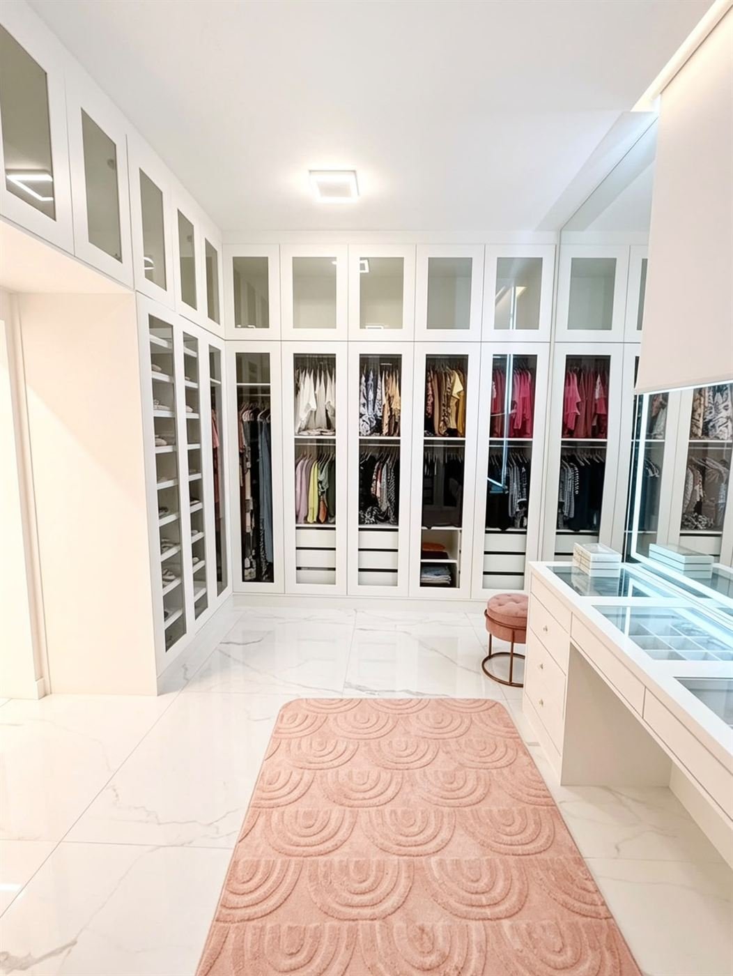 Closet planejado branco com portas de vidro e iluminação interna