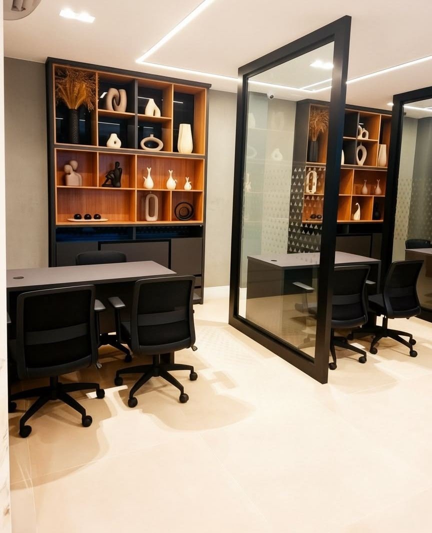 Ambiente corporativo com estante planejada e divisória de vidro com moldura preta