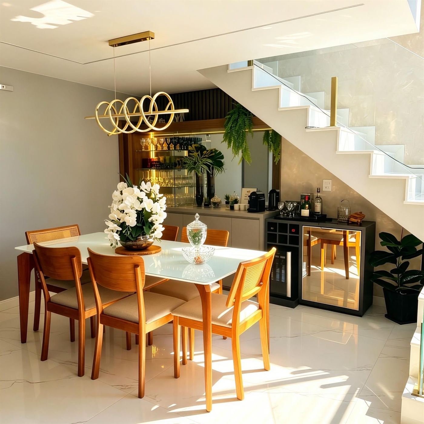 Sala de jantar com bar e adega aproveitando o vão sob a escada