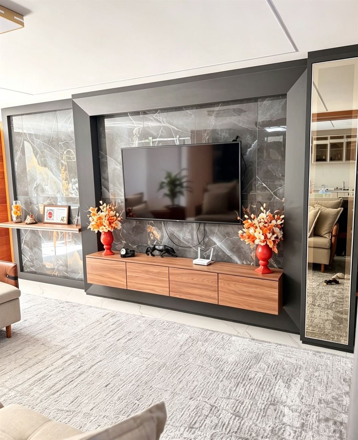 Painel de TV em porcelanato marmorizado com rack amadeirado suspenso