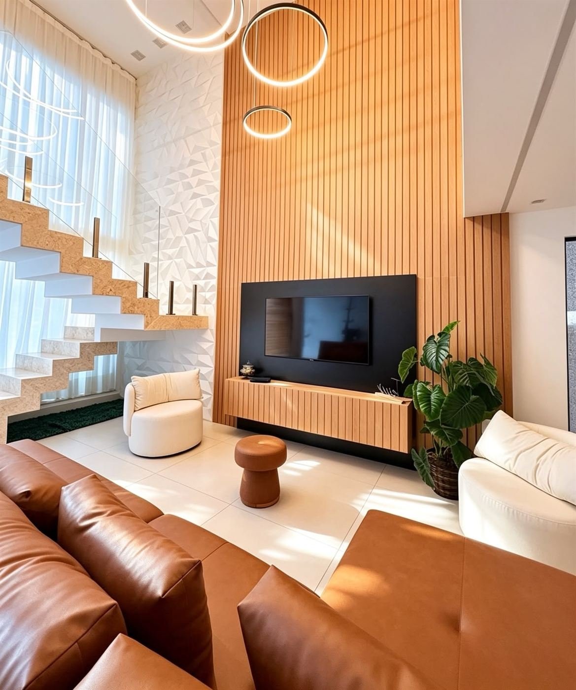 Sala de estar com painel ripado amadeirado do piso ao teto, executado pela Primad Marcenaria